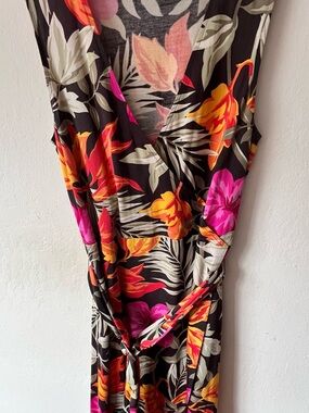 Banana Republic Black Floral Midi Dress with Pink & Orange Accents